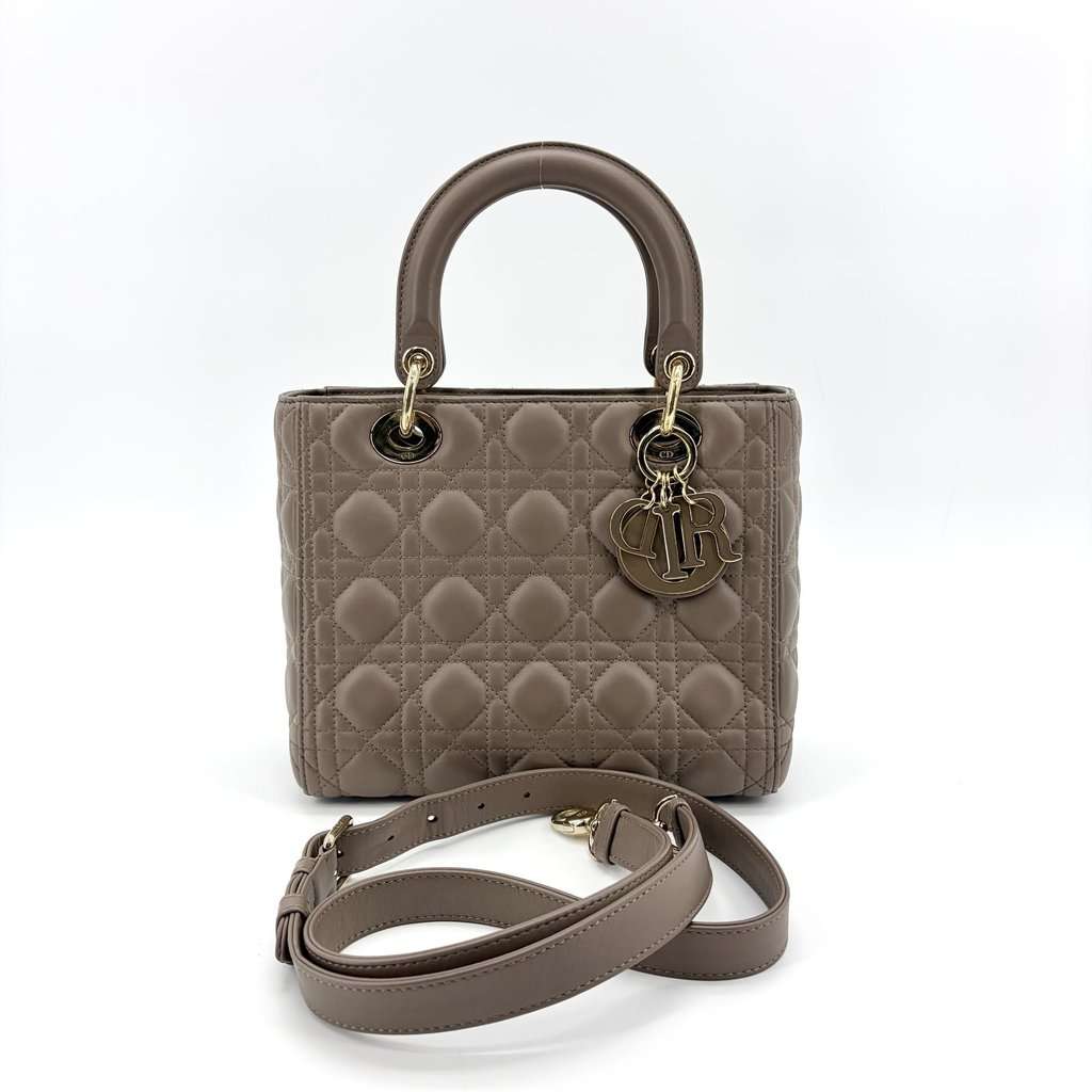 Dior Lady Dior Medium Bag Taupe Gold Hardware Gold Leather Very good - Back View