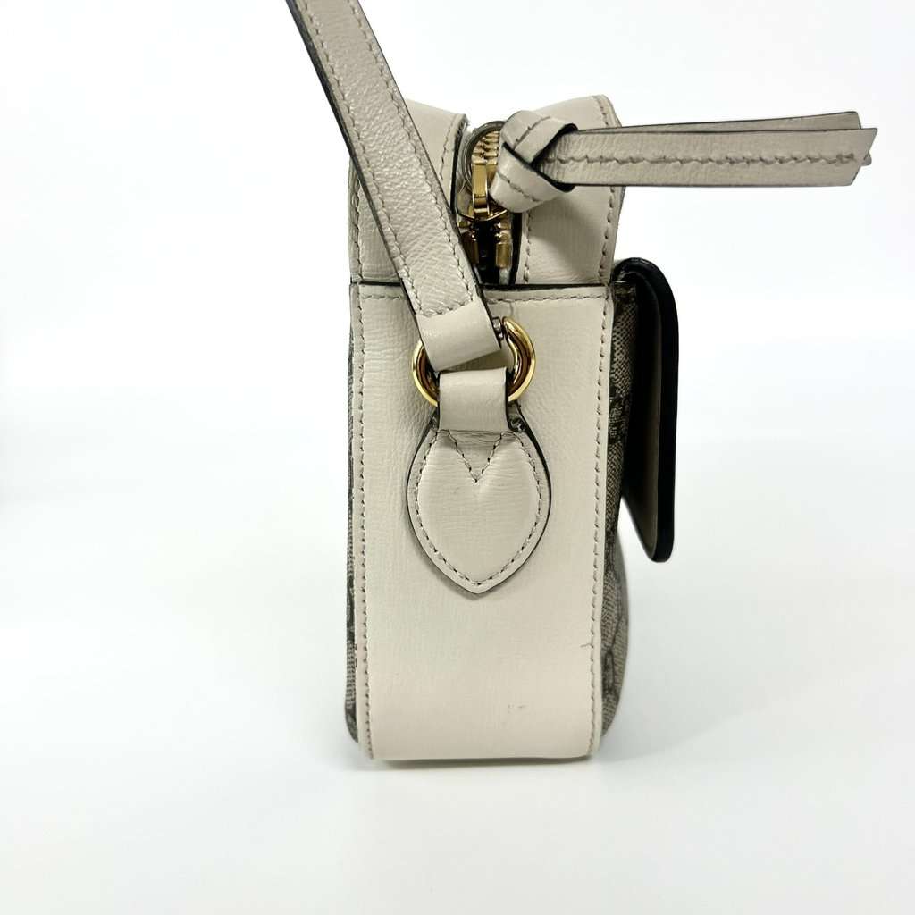 Gucci Horsebit 1955 Small Shoulder Bag White Leather GG Supreme Brown Canvas Good - Inside View