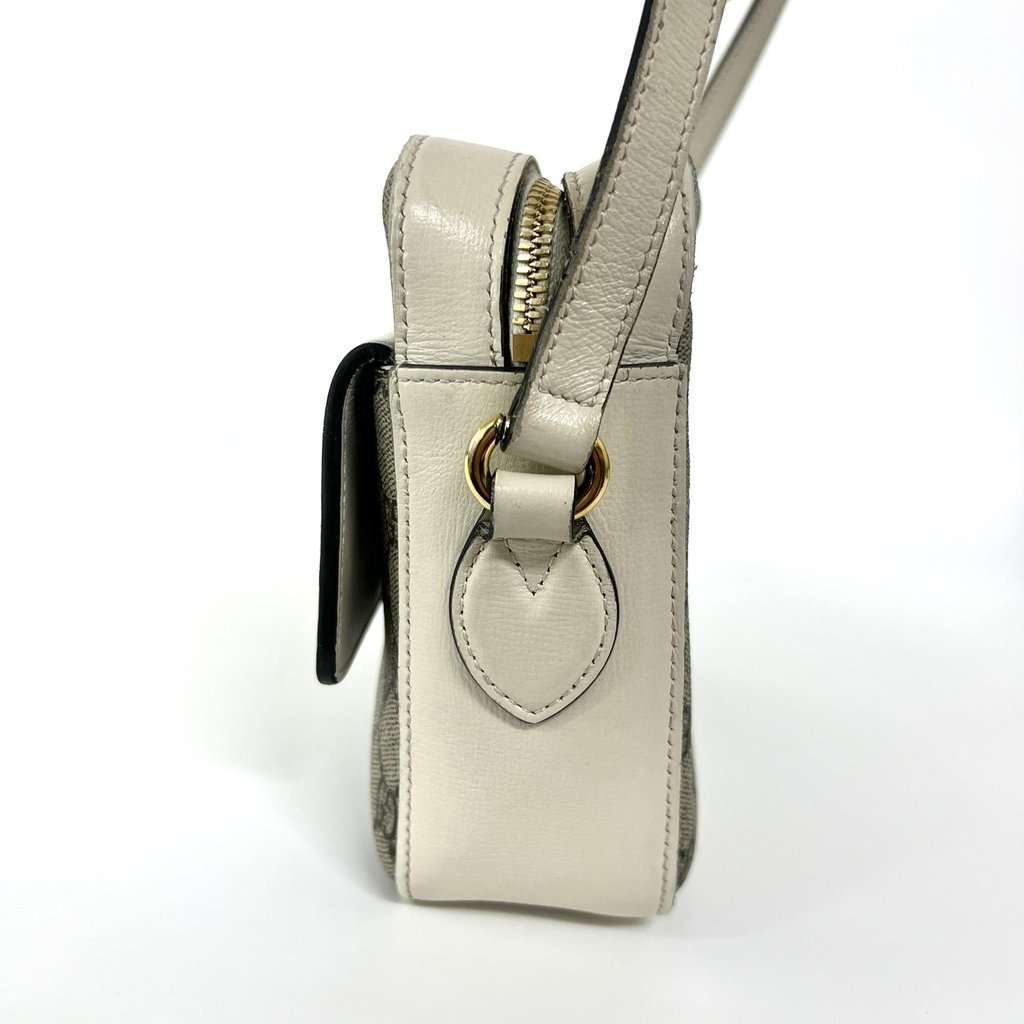 Gucci Horsebit 1955 Small Shoulder Bag White Leather GG Supreme Brown Canvas Good - Model View
