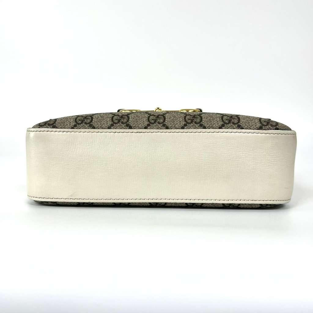 Gucci Horsebit 1955 Small Shoulder Bag White Leather GG Supreme Brown Canvas Good - Box View