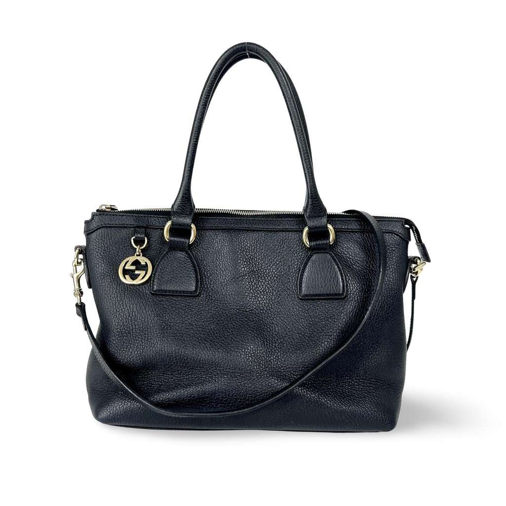 Gucci Interlocking G Medium Pebble Leather Tote Bag Black Black Fair - Front View