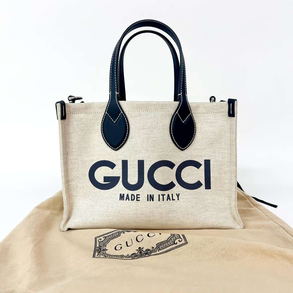 Gucci Small Logo Canvas Tote Bag Navy Ecru Canvas Very good - Back View