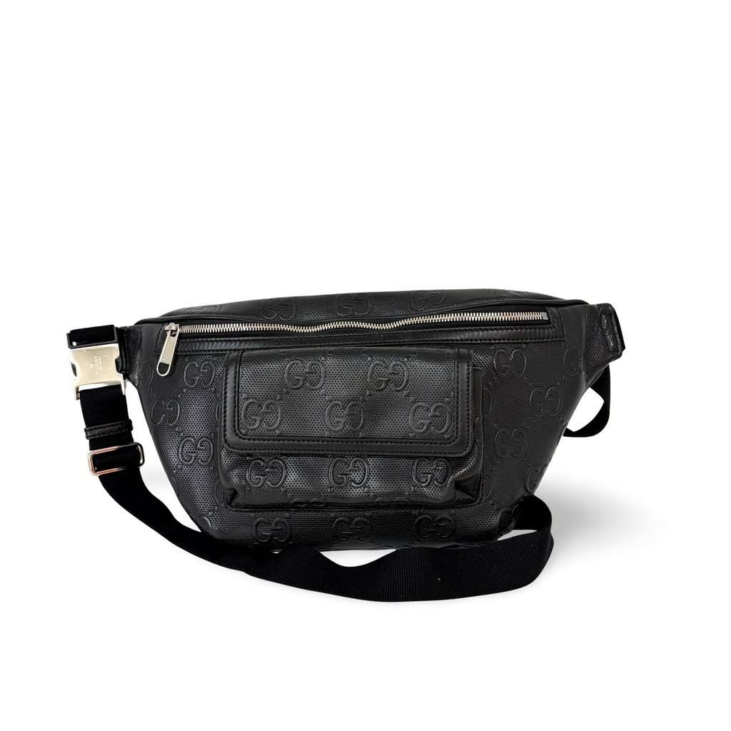 Gucci GG Embossed Belt Bag Black Black Leather Fair - Front View