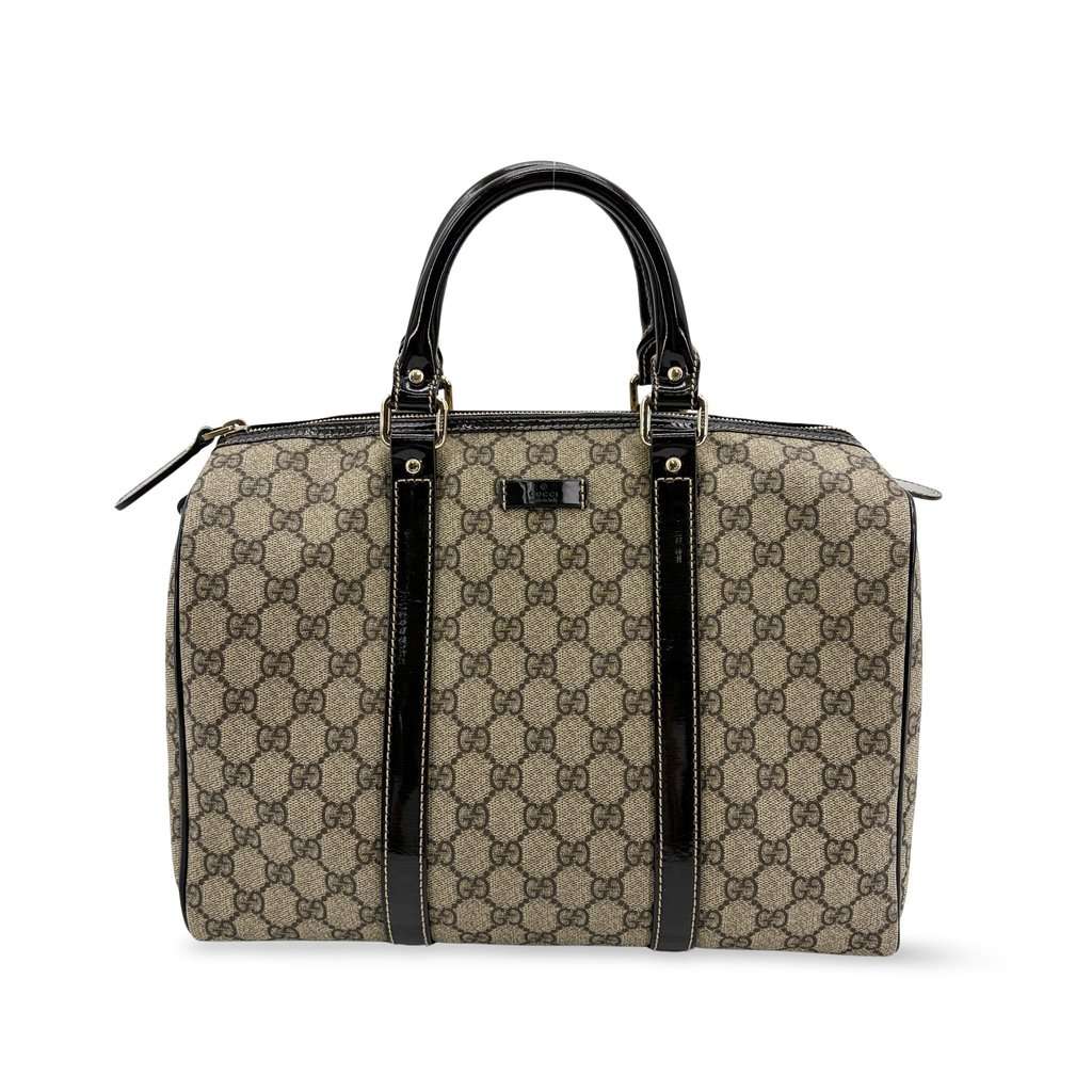 Gucci GG Supreme Joy Boston Bag Black Patent Beige Canvas Good - Front View