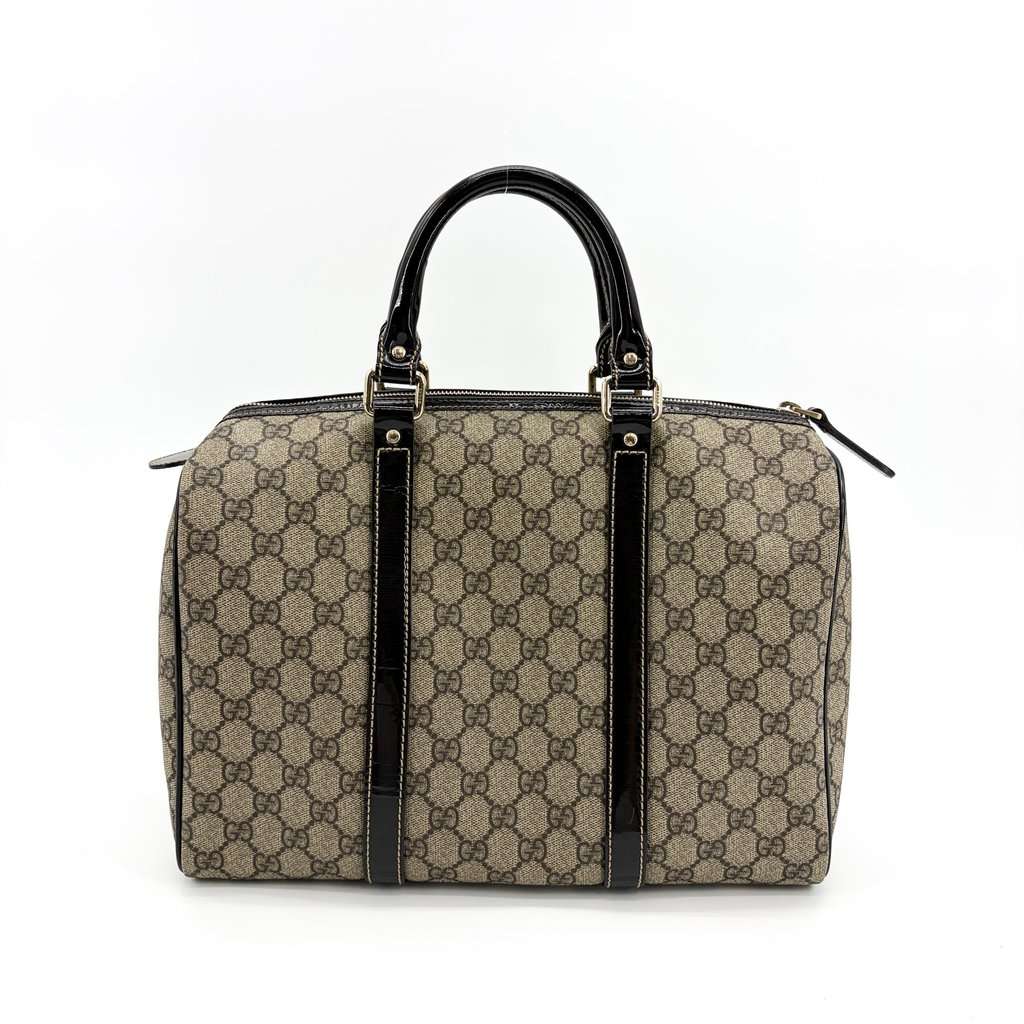 Gucci GG Supreme Joy Boston Bag Black Patent Beige Canvas Good - Back View