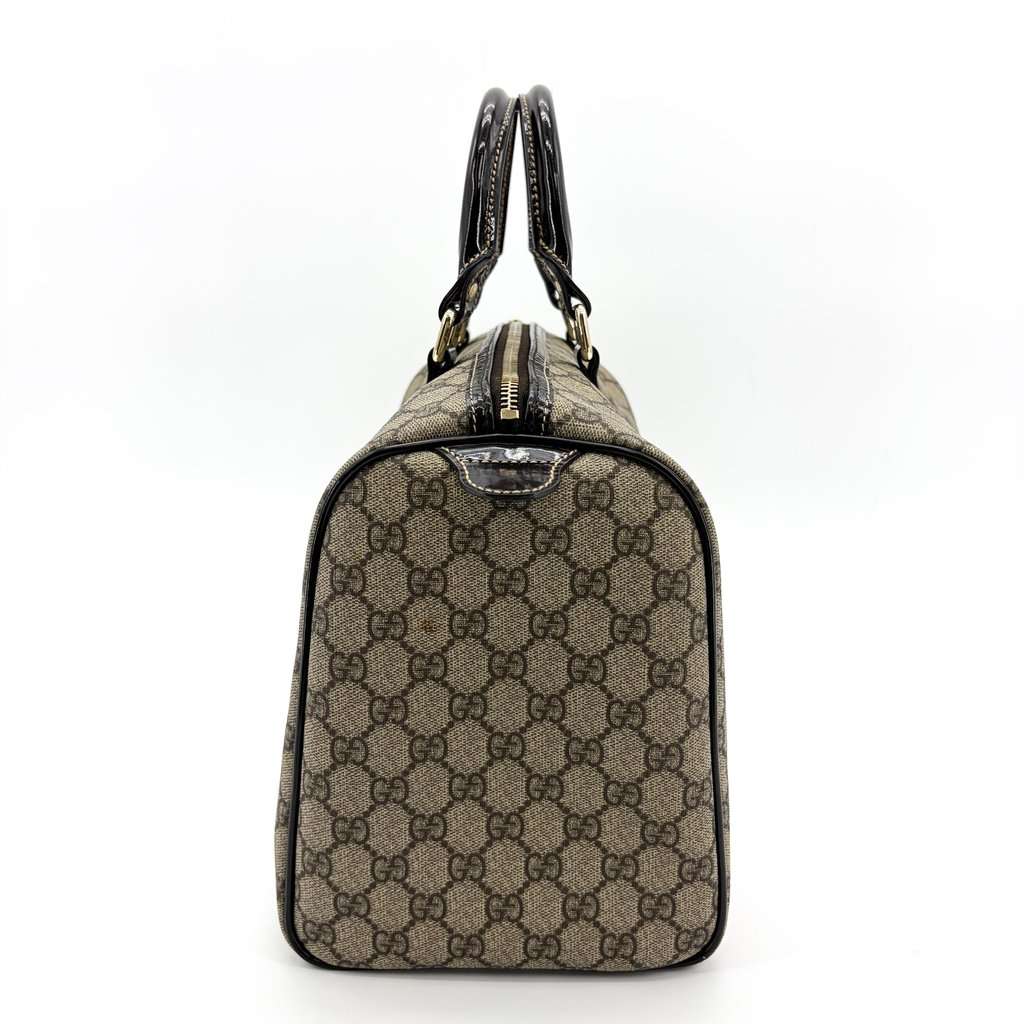 Gucci GG Supreme Joy Boston Bag Black Patent Beige Canvas Good - Inside View