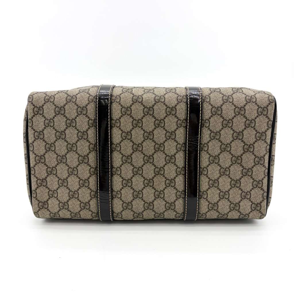 Gucci GG Supreme Joy Boston Bag Black Patent Beige Canvas Good - Box View