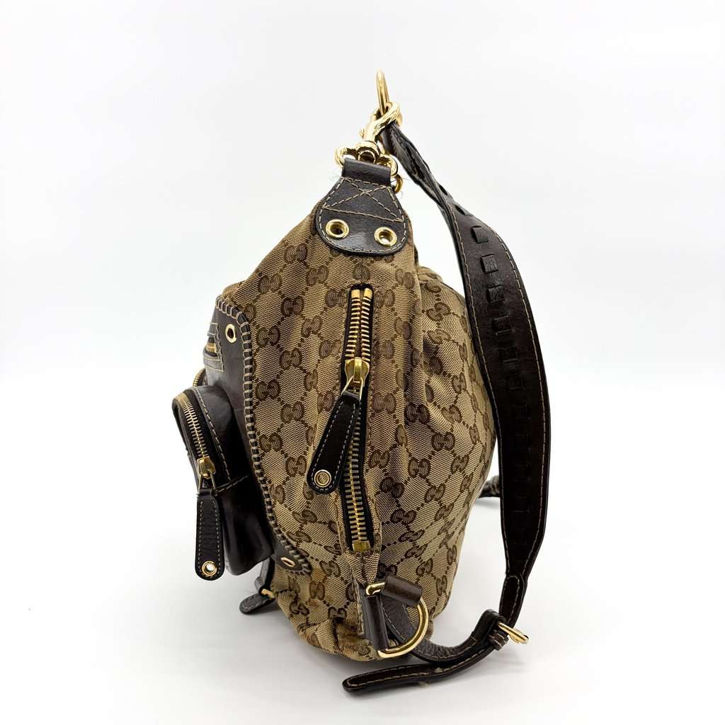 Gucci GG Canvas Dark Brown Leather Multi-Pocket Backpack Beige Canvas Fair - Model View