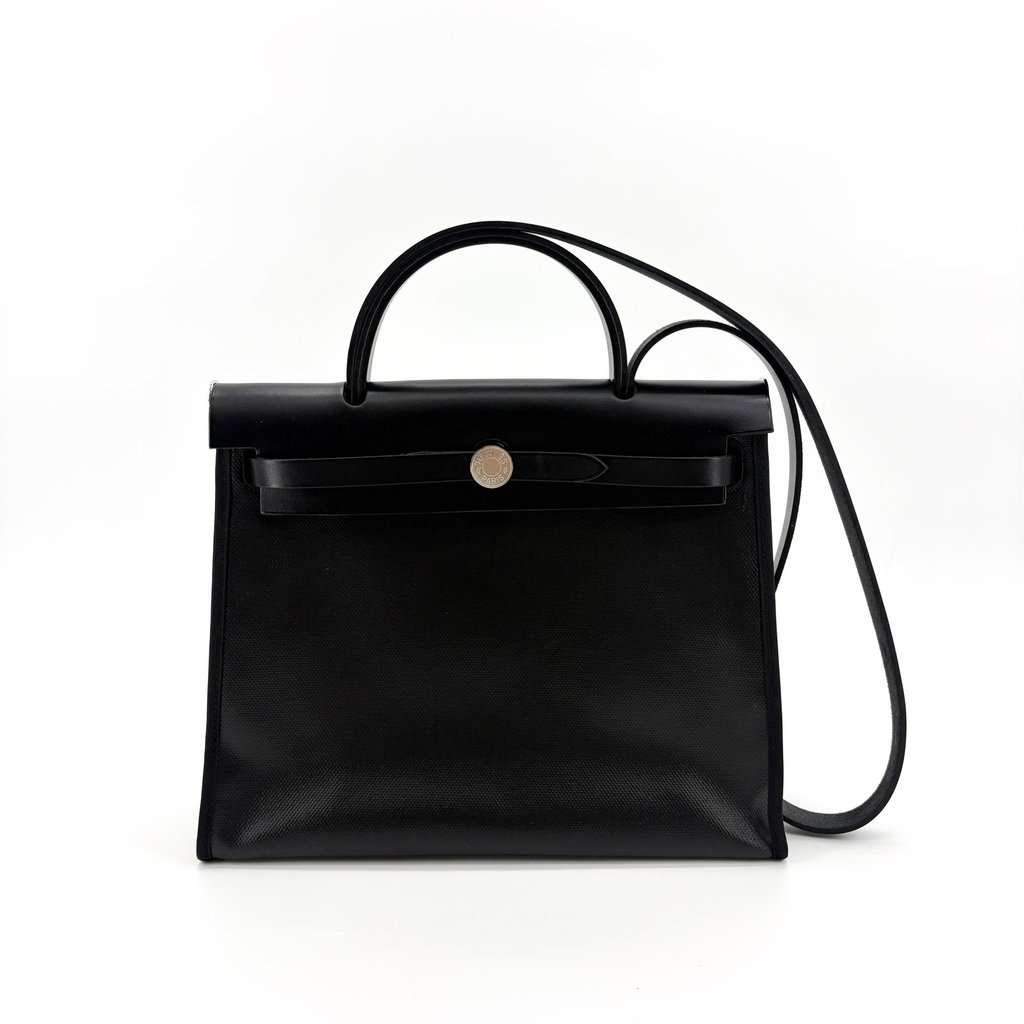 Hermès Herbag Zip 31 Black Ecru Silver Hardware Beige Canvas Very good - Front View