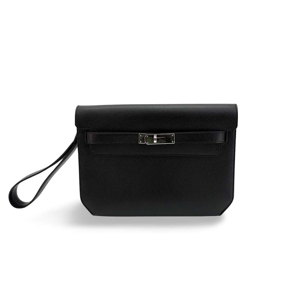 Hermès Kelly Depeche 25 Pouch Black Silver Hardware Black Leather Very good - Front View