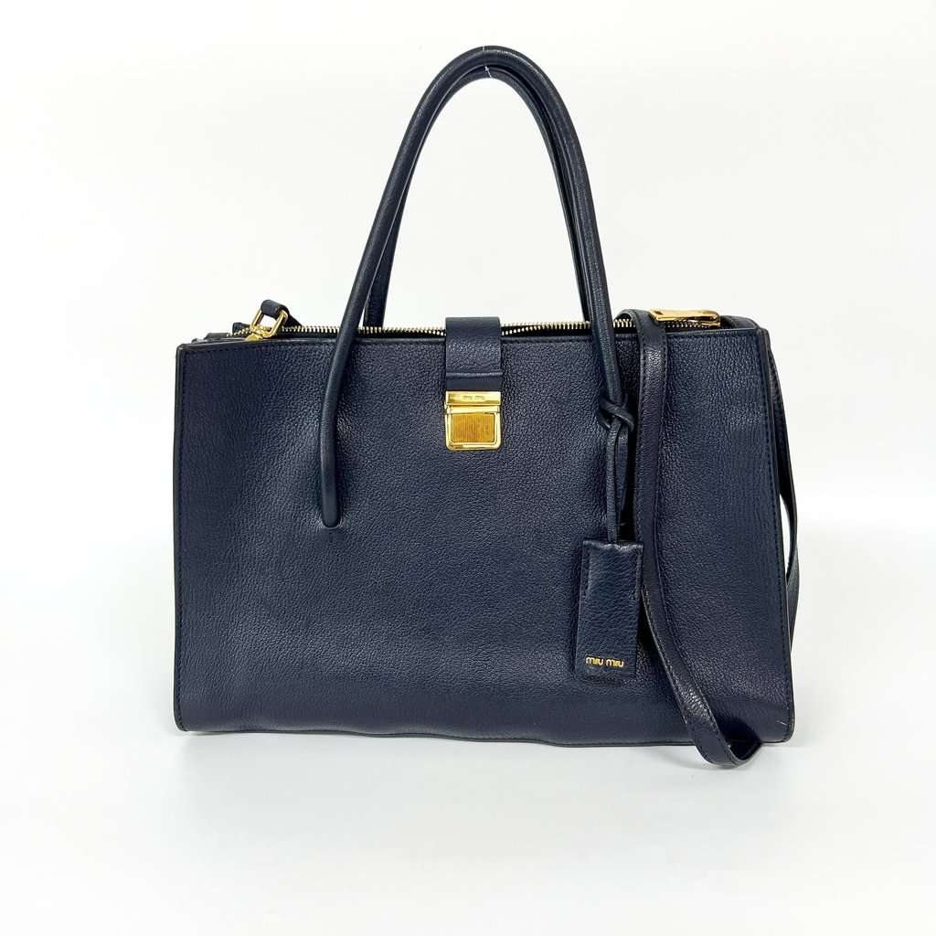 Miu Miu Madras Leather Top Handle Bag Navy Gold Leather Fair - Back View