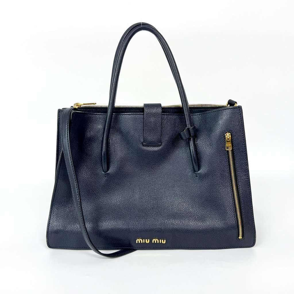 Miu Miu Madras Leather Top Handle Bag Navy Gold Leather Fair - Inside View