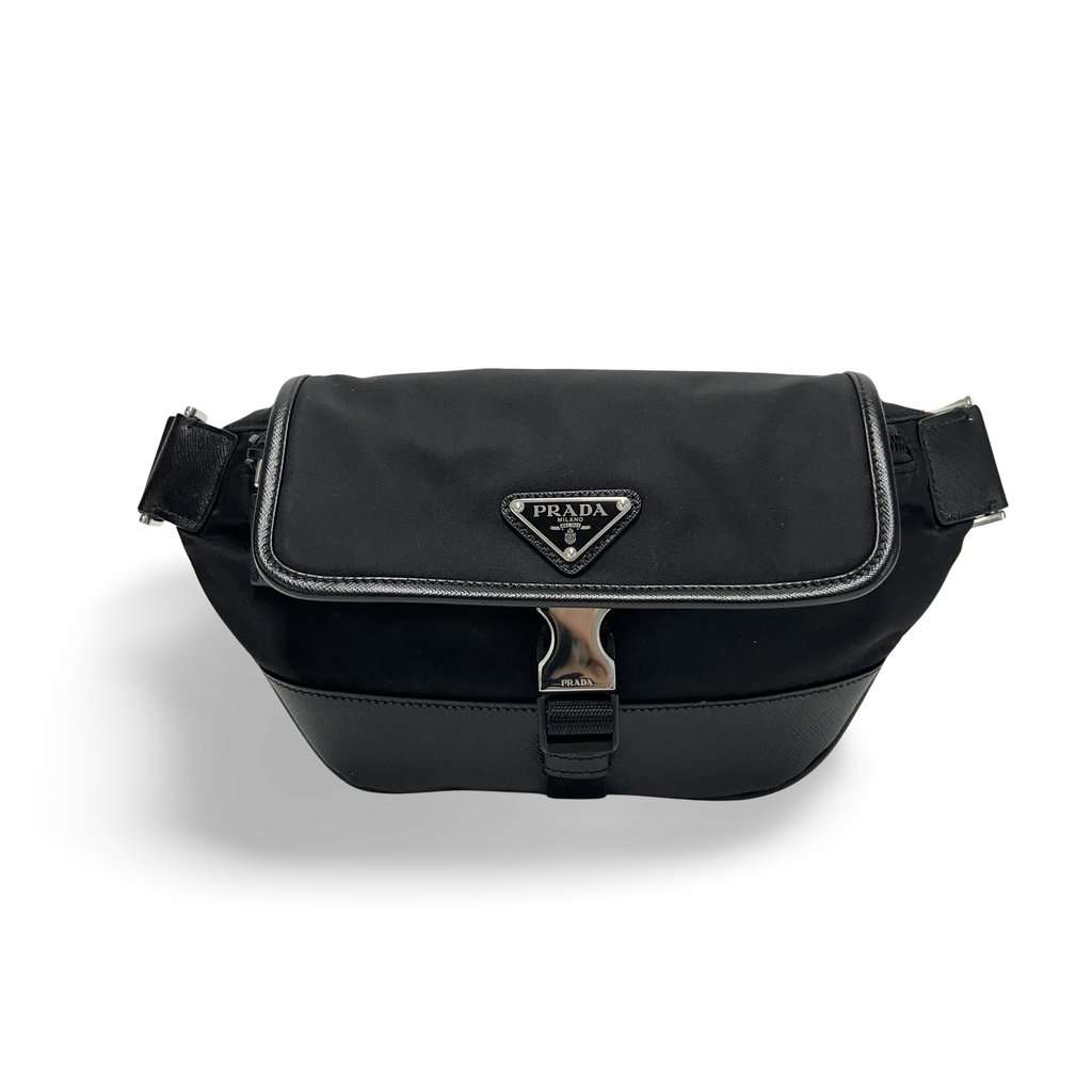 Prada Re-Nylon and Saffiano Leather Slingback (Shoulder Bag) Black Leather Good - Front View
