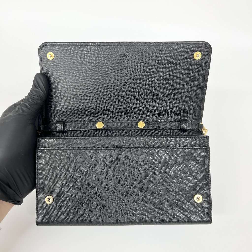 Prada Saffiano Leather Chain Wallet Black Gold Hardware Black Leather Good - Model View