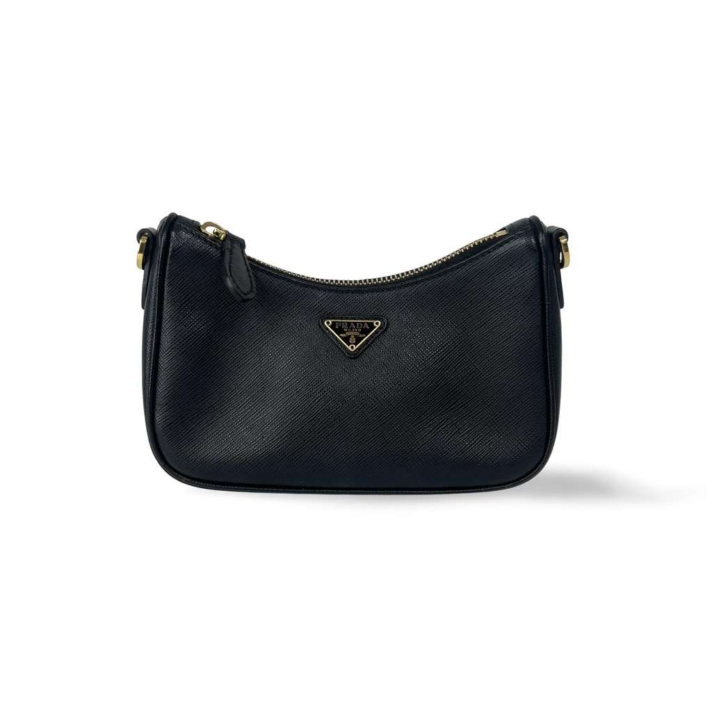 Prada Saffiano leather mini bag in black with gold hardware Black Leather Very good - Front View