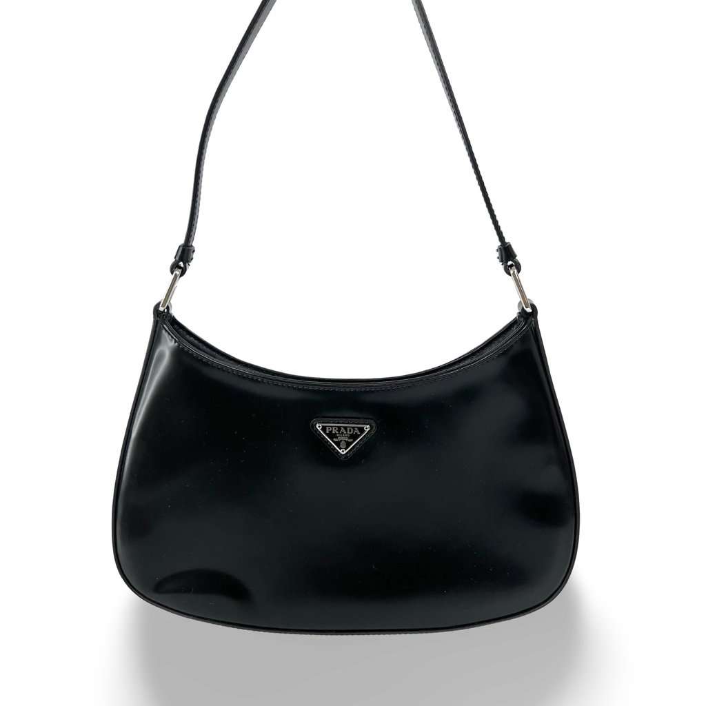 Prada Cleo Brushed Leather Shoulder Bag Black Black Leather Very good - Front View