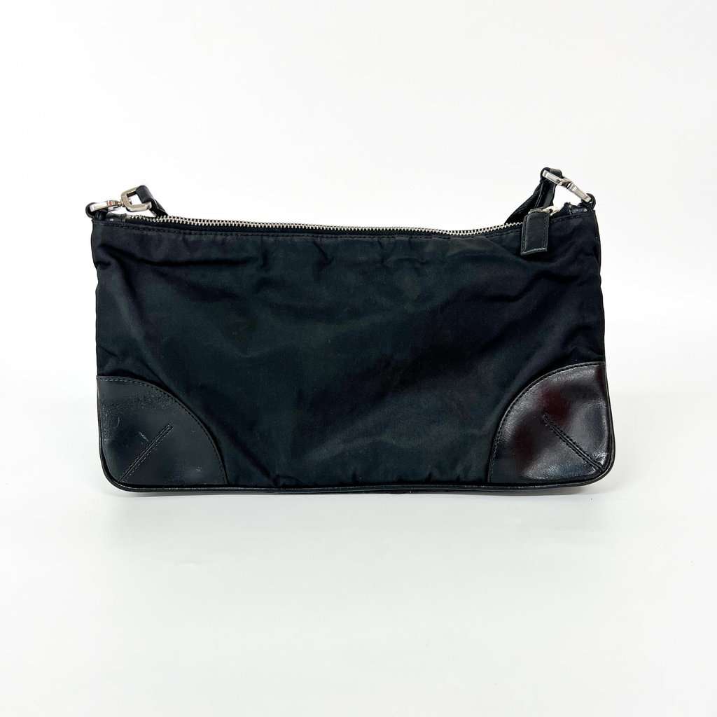 Prada Tessuto Nylon Leather Corner Shoulder Bag Black Black Good - Back View