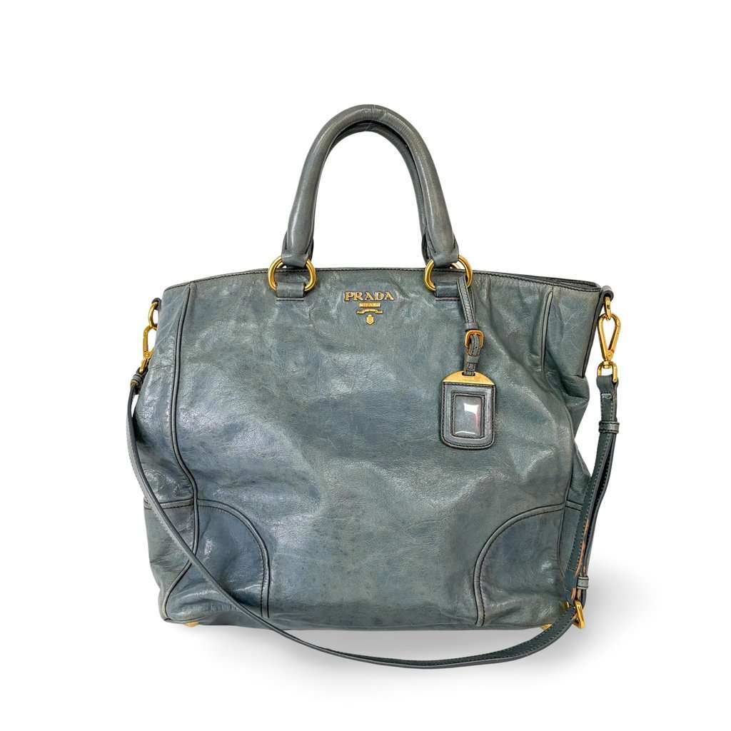 Prada Vitello Shine Leather Tote Bag Blue Blue Leather Good - Front View