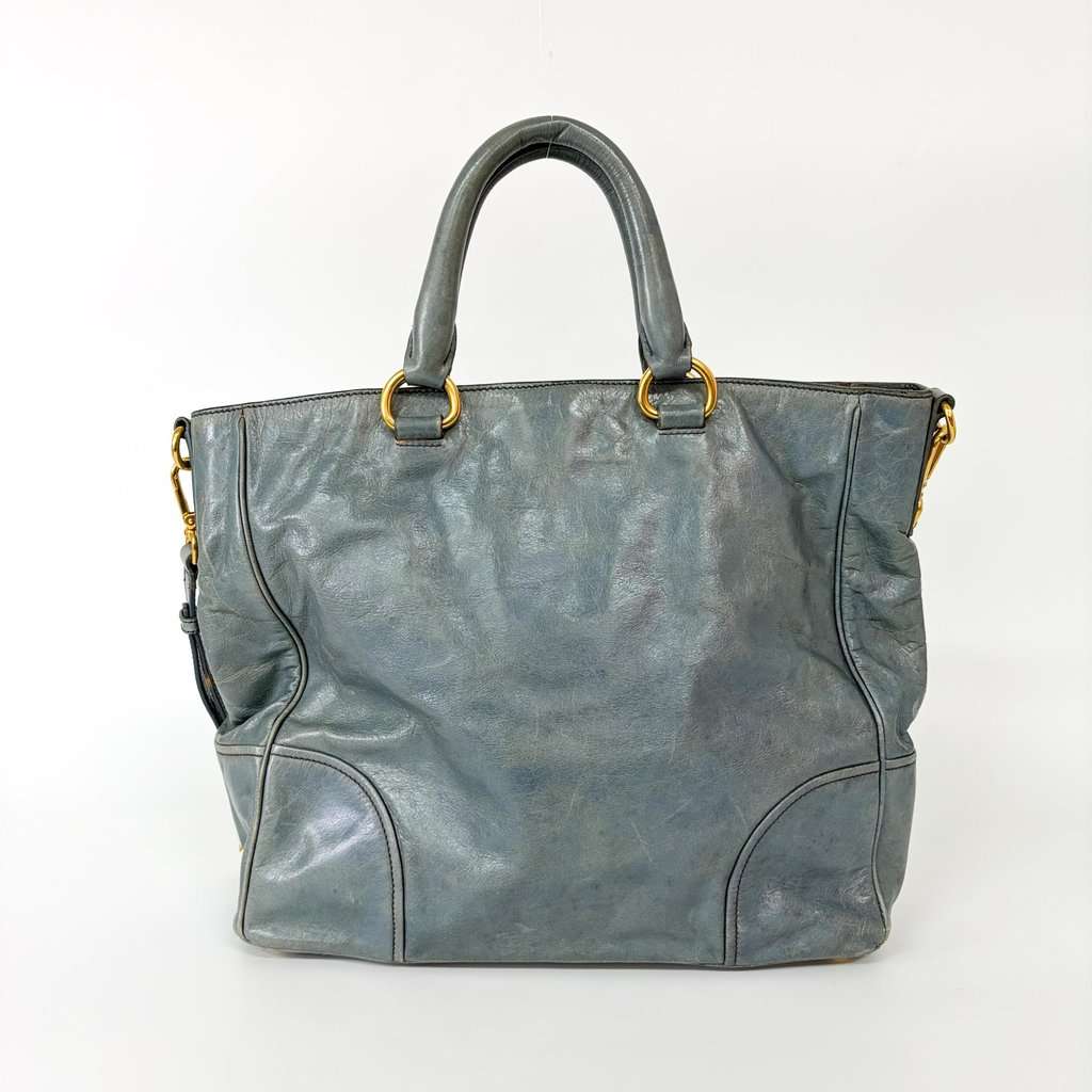Prada Vitello Shine Leather Tote Bag Blue Blue Leather Good - Back View