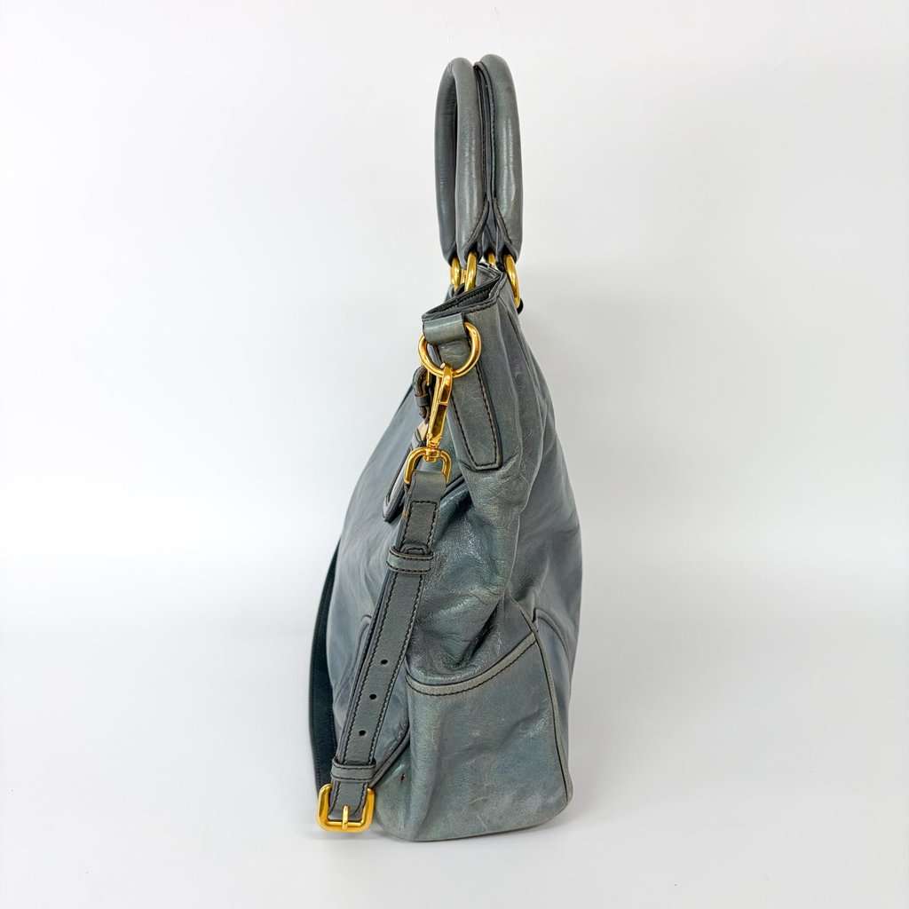 Prada Vitello Shine Leather Tote Bag Blue Blue Leather Good - Inside View