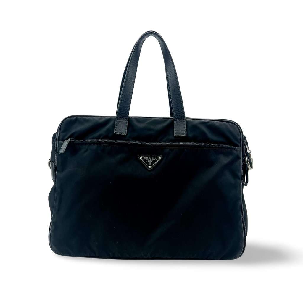 Prada Tessuto Nylon Saffiano Briefcase Black MultiColor Leather Good - Front View