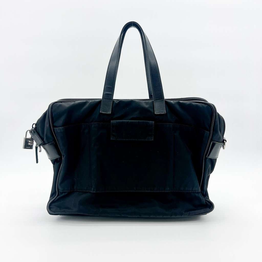 Prada Tessuto Nylon Saffiano Briefcase Black MultiColor Leather Good - Back View