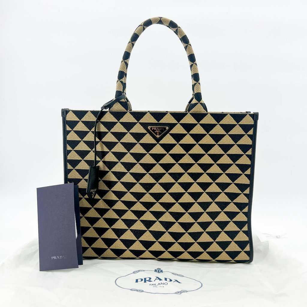 Prada Symbol Embroidered Fabric Large Tote Bag Black Beige MultiColor Leather Very good - Back View