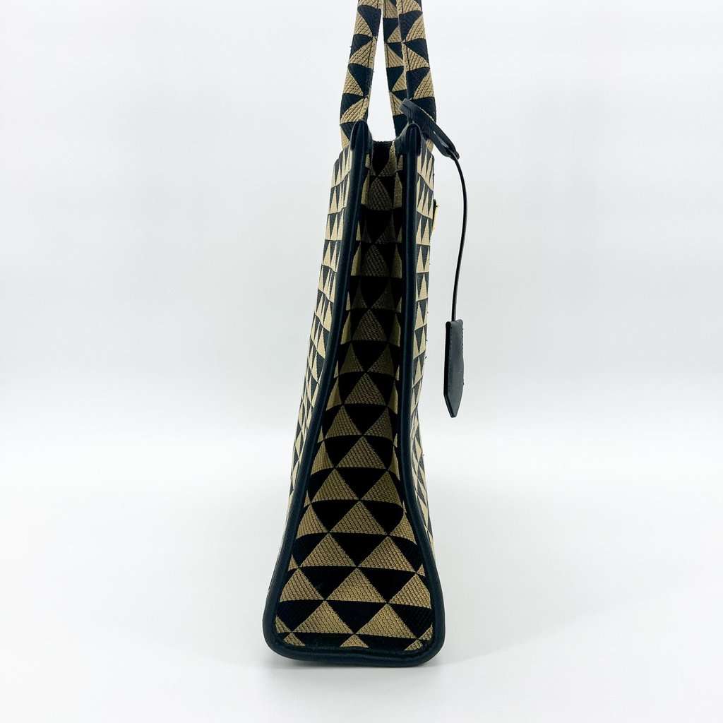 Prada Symbol Embroidered Fabric Large Tote Bag Black Beige MultiColor Leather Very good - Model View
