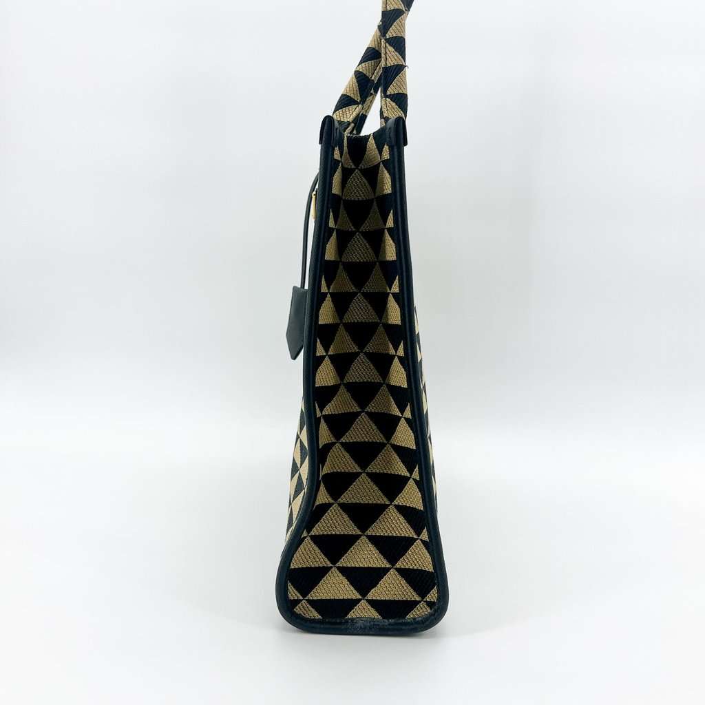 Prada Symbol Embroidered Fabric Large Tote Bag Black Beige MultiColor Leather Very good - Box View