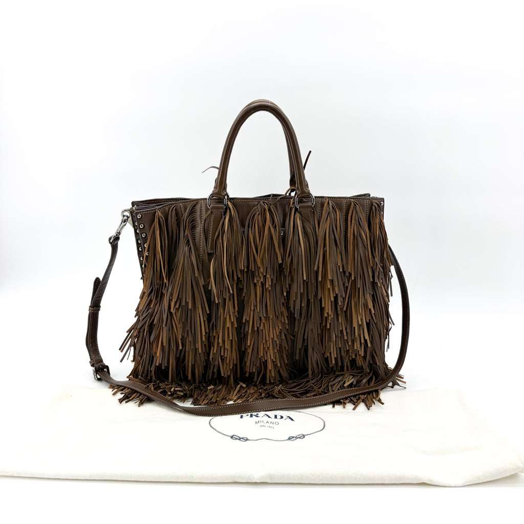 Prada Vitello Daino Fringe Tote Bag Brown Brown Leather Very good - Back View