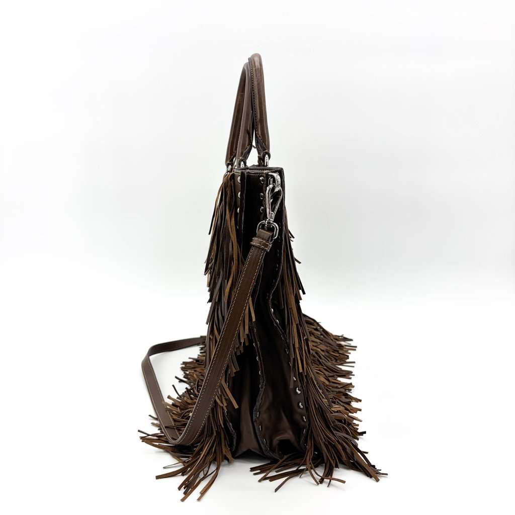 Prada Vitello Daino Fringe Tote Bag Brown Brown Leather Very good - Model View
