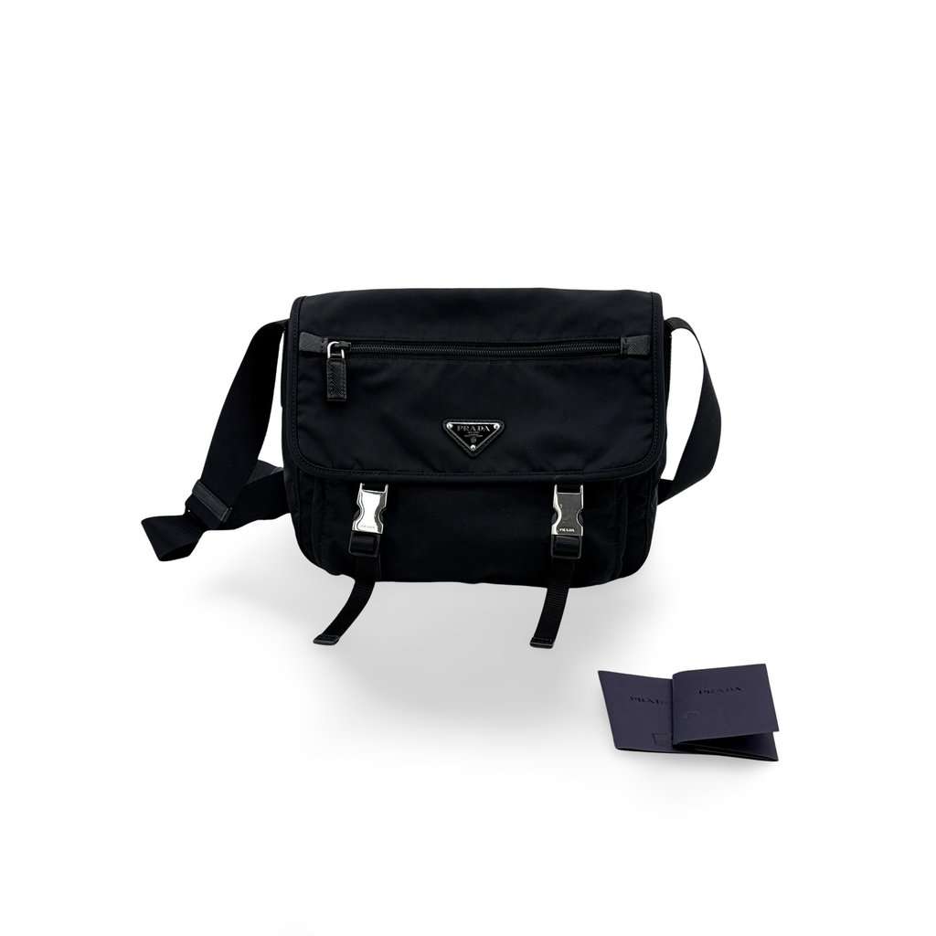 Prada Re-Nylon and Saffiano Leather Messenger Bag Black Black Leather Good - Back View
