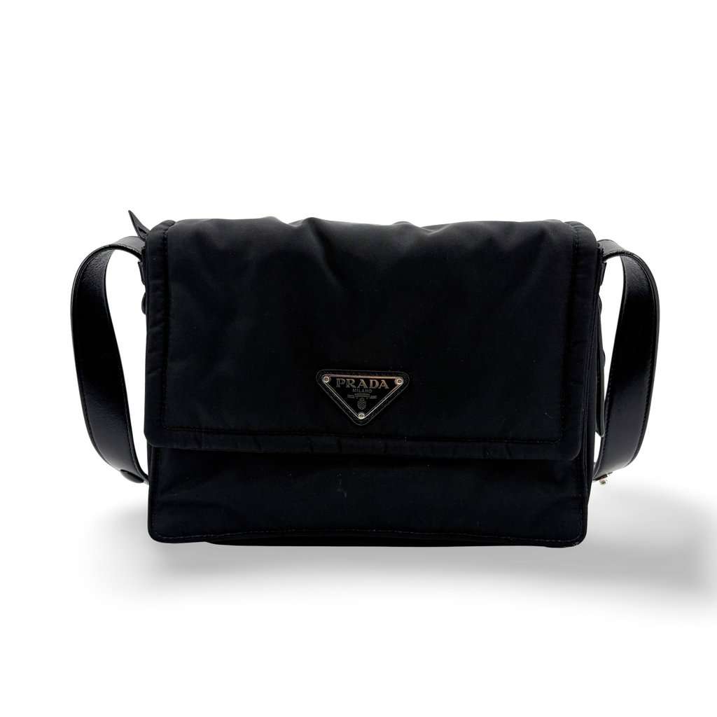 Prada Re-Nylon and Saffiano Leather Messenger Bag Black Black Leather Good - Front View