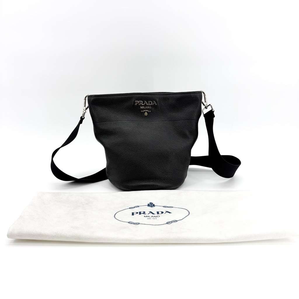 Prada Vitello Dino Leather Bucket Bag Black Silver Hardware Black Leather Good - Back View
