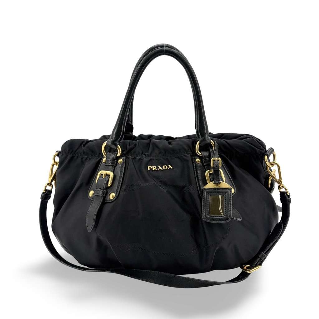 Prada Tessuto Gaufre 2-way Tote Bag Black Black Leather Good - Front View