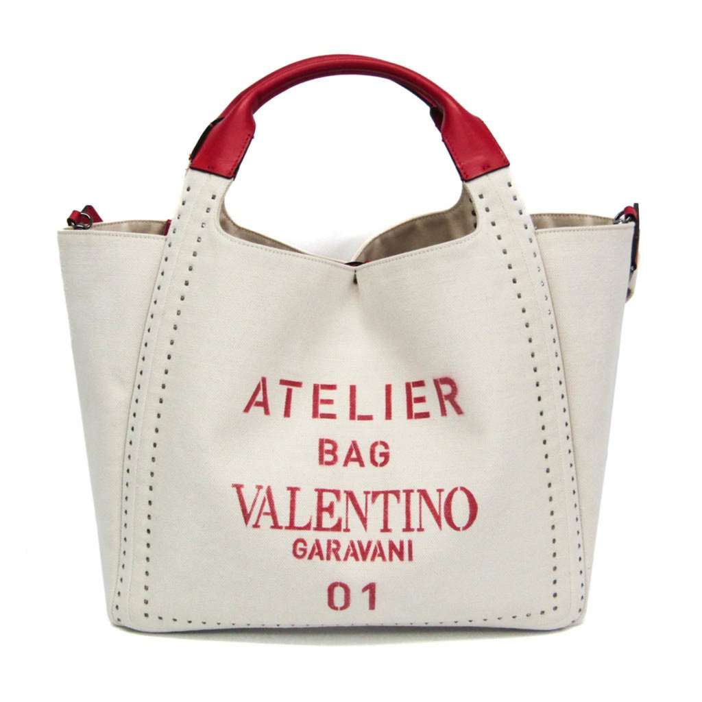 Valentino Garavani Atelier Leather Canvas Shoulder Tote Bag Red White Red Canvas Good - Front View