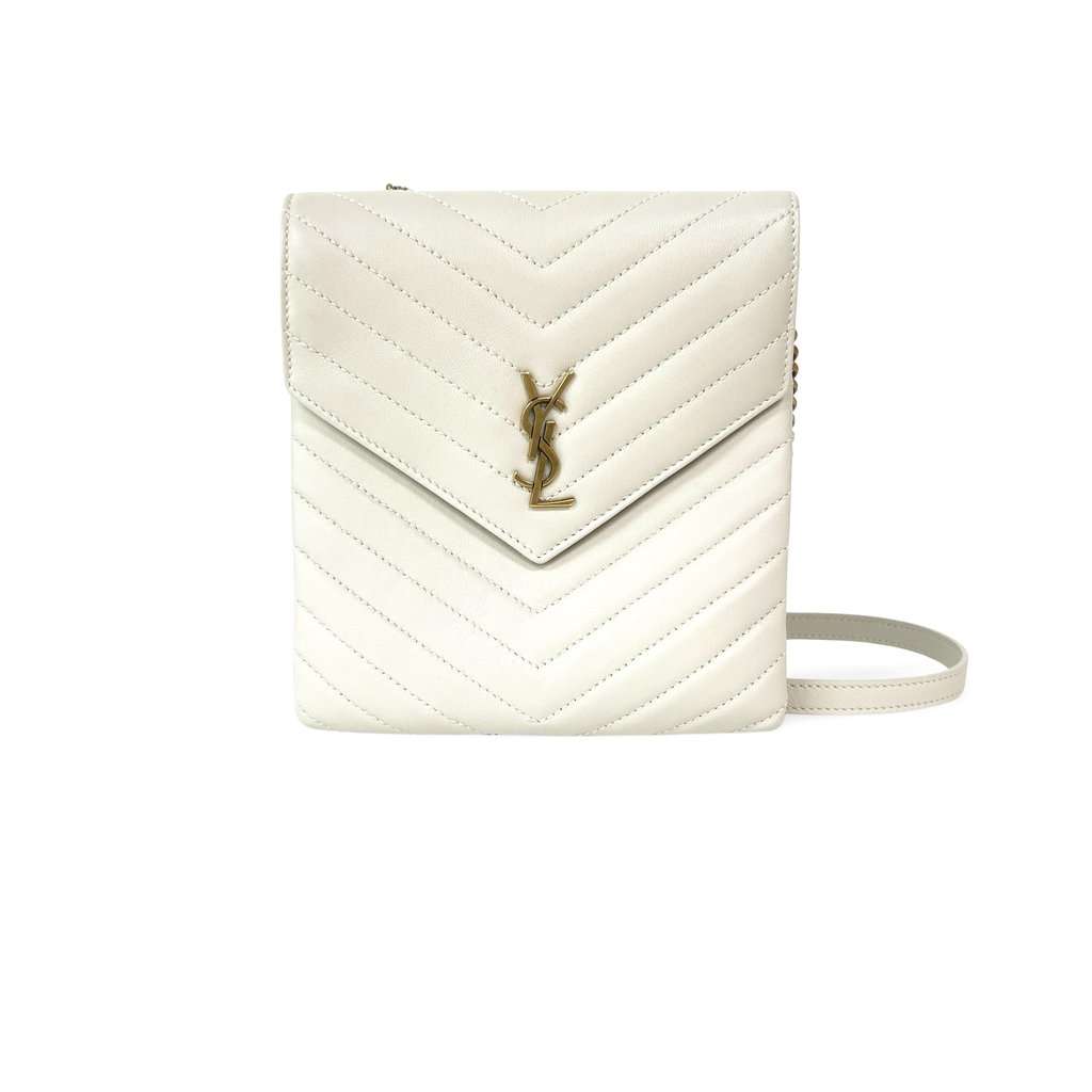 Saint Laurent Monogram Matelassé Phone Holder Shoulder Bag Blanc Vintage Gold Hardware Ecru Leather Good - Front View