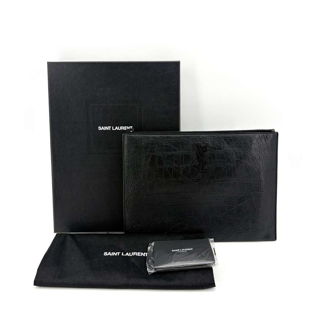 Saint Laurent Monogram Document Case Crocodile Embossed Black Black Leather Very good - Back View