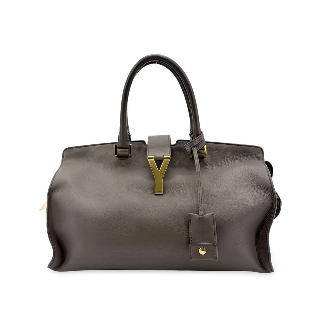 Saint Laurent Y Line Cabas Chic Medium Gray Gold Hardware Gold Leather Good - Front View