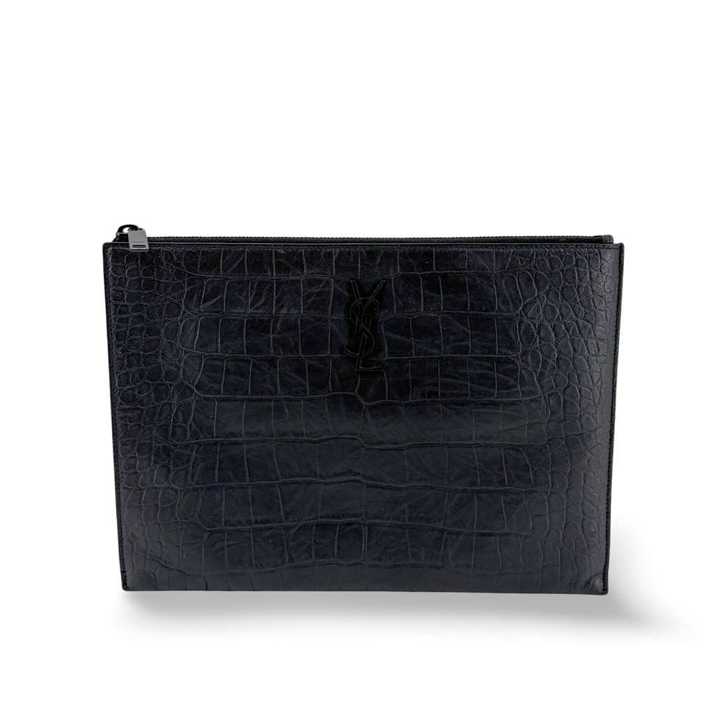 Saint Laurent Monogram Croc-Embossed Leather Document Holder Black Black Leather Very good - Front View