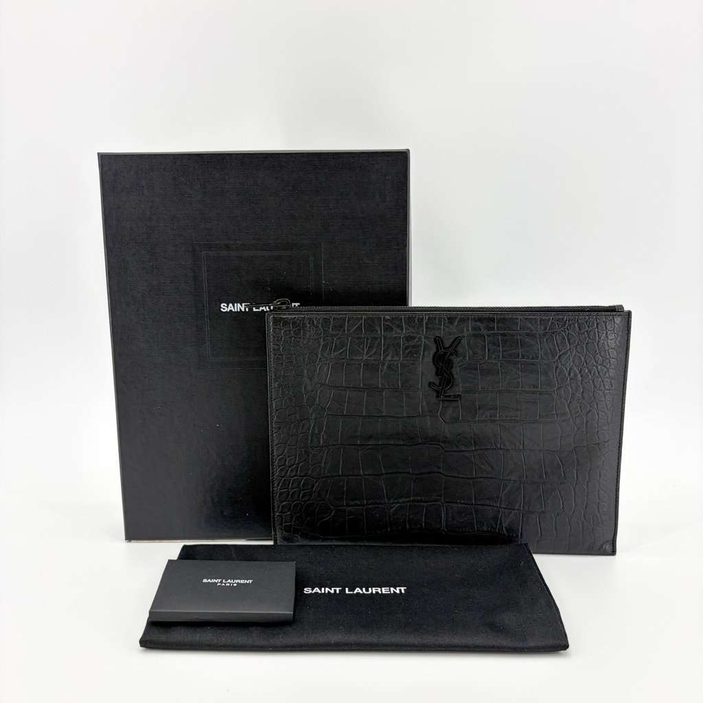 Saint Laurent Monogram Croc-Embossed Leather Document Holder Black Black Leather Very good - Back View