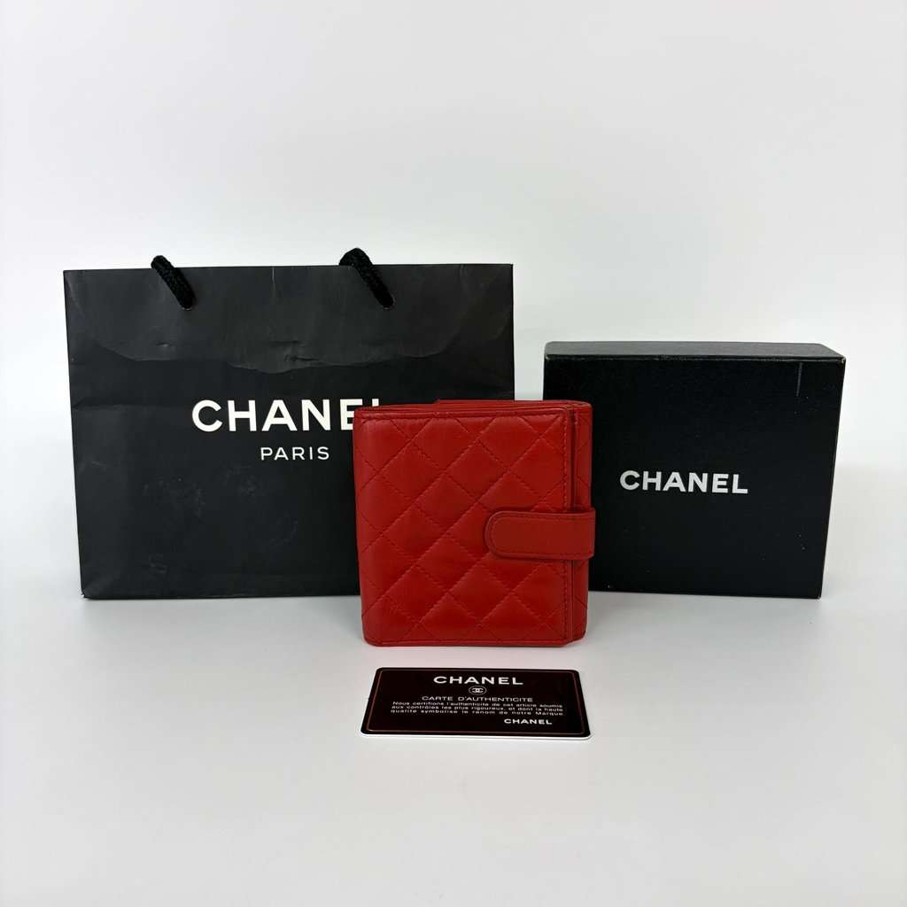 Chanel Lambskin Red Quilted Tab Wallet Red Leather Good - Back View