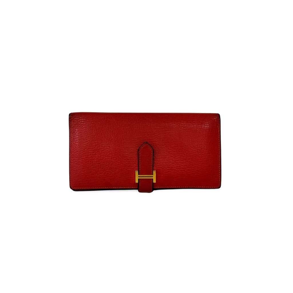 Hermès Beane Soufflé Wallet Rouge Kazak Gold Hardware A Engraving Gold Leather Fair - Front View