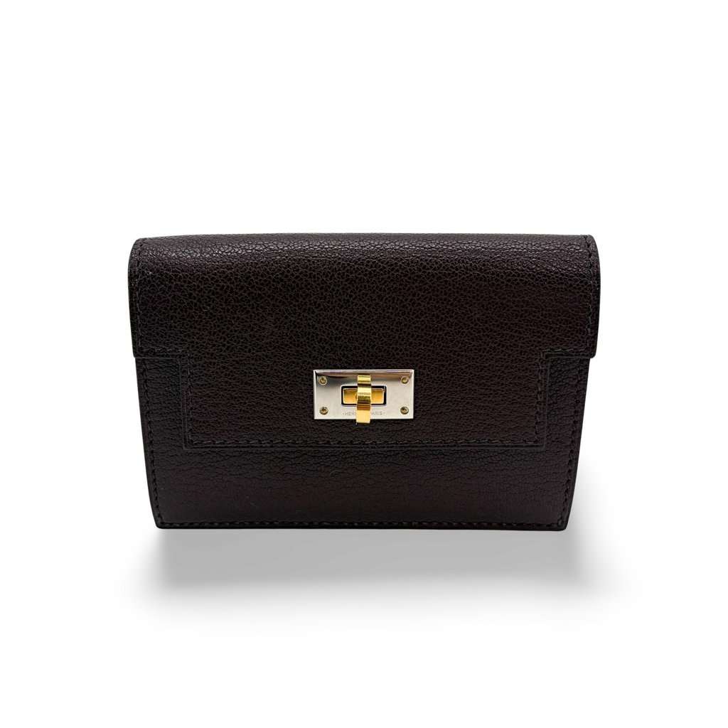 Hermès Kelly Pocket Slim Wallet Goatskin Electrum Hardware Rouge Selie Brown Leather Very good - Front View