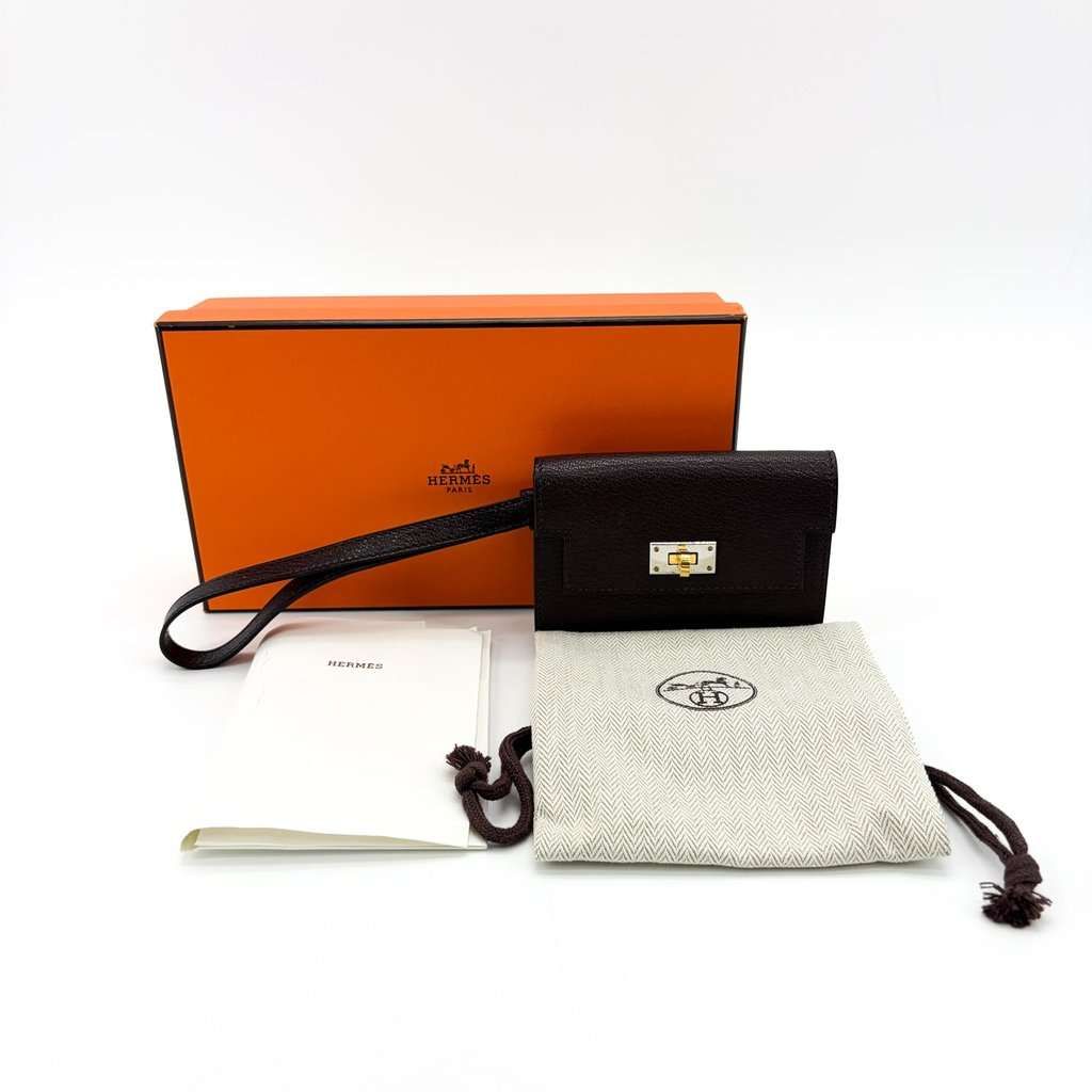 Hermès Kelly Pocket Slim Wallet Goatskin Electrum Hardware Rouge Selie Brown Leather Very good - Back View