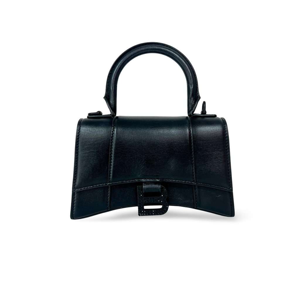 Balenciaga XS Hourglass Top Handle Bag Black Crystal Logo Black Leather Very good - Front View