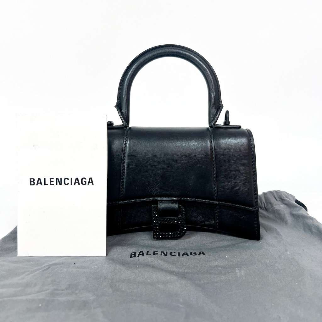 Balenciaga XS Hourglass Top Handle Bag Black Crystal Logo Black Leather Very good - Back View