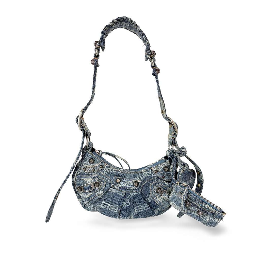 Balenciaga Le Cagol XS Shoulder Bag Blue Denim Monogram MultiColor Denim Good - Front View
