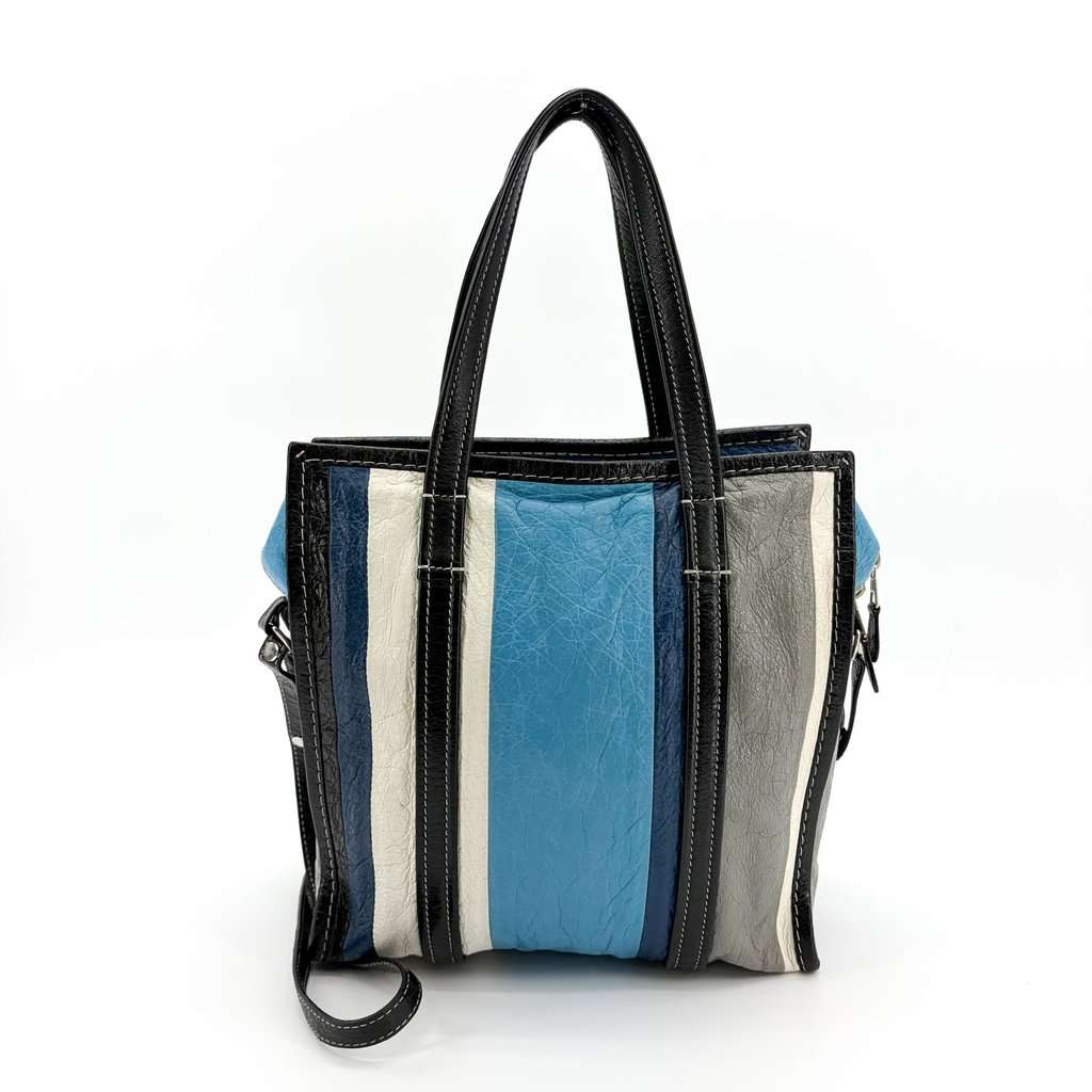 Balenciaga Bazaar Shopper Multi-Stripe Blue Black Leather Good - Inside View