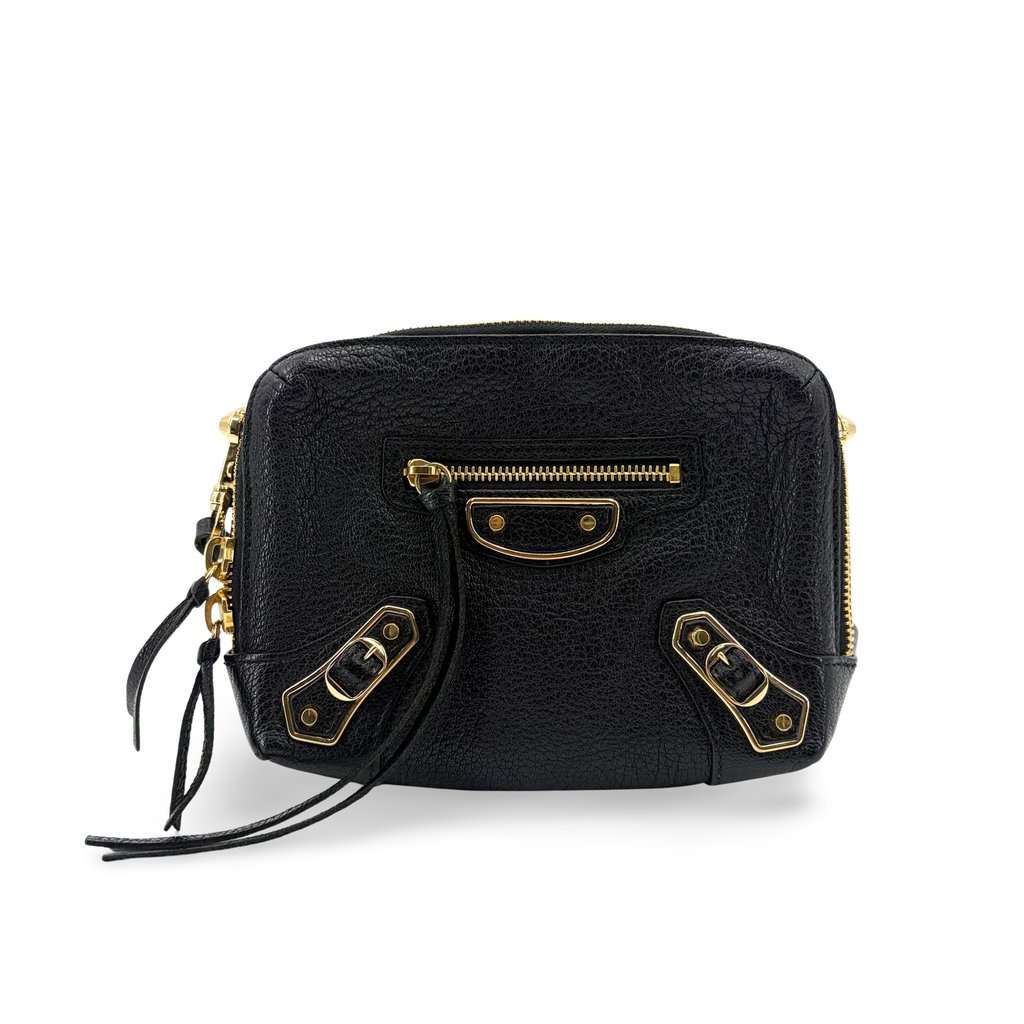 Balenciaga Classic Metallic Edge Reporter XS Black Gold Black Leather Good - Front View